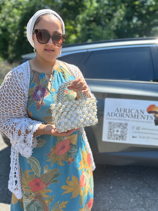 Handmade Beaded Pearl Silver Bag (Made in Egypt)
